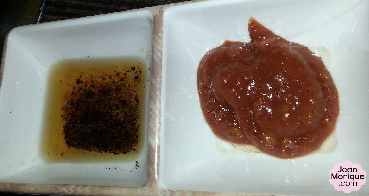 Left: sesame oil with rock salt and pepper; Right: sweet paste
