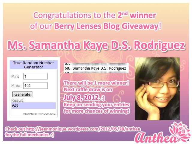 Berry Lenses Blog Giveaway - 2nd Winner - Samantha Kaye Rodriguez