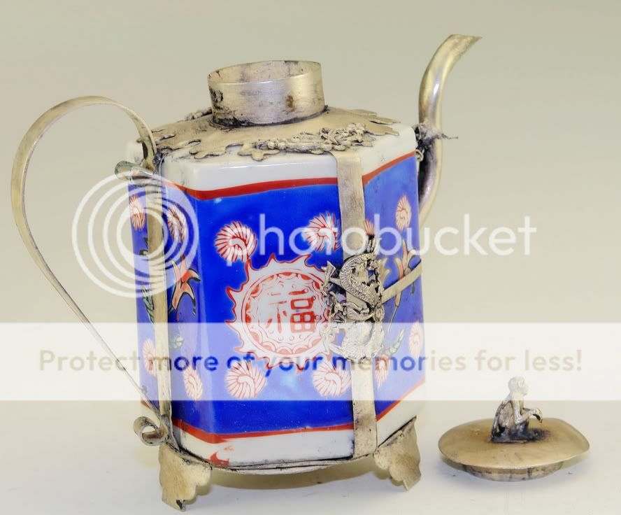 Chinese Old Silver Porcelain Dragon Teapot Monkey Lid 111066  