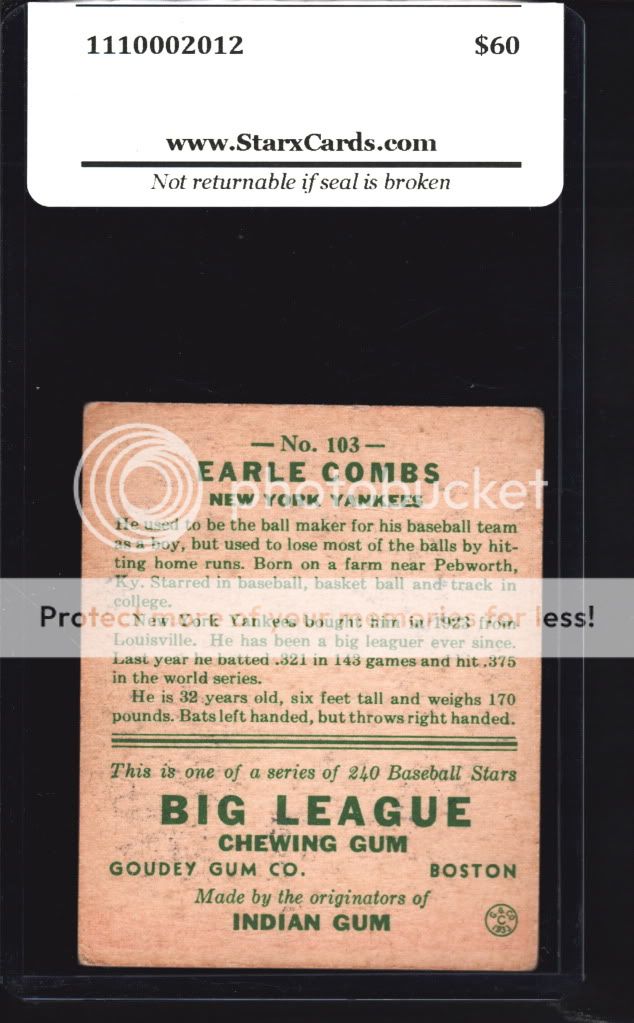 1933 Goudey Baseball #103 Earle Combs RC (Yankees) STX 4 VG/EX  