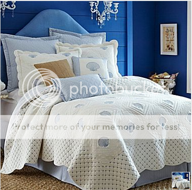 the blue and white beachy feel of the seashell bedding collection